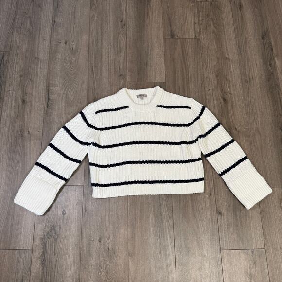 J.Crew Heritage Chunky Cotton Fisherman Crewneck Sweater SZ M Ivory Navy Striped - Picture 3 of 7